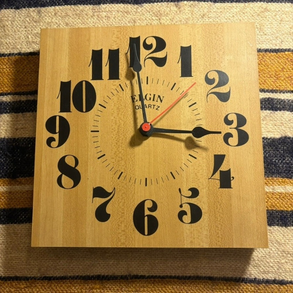 Elgin Quartz Wall Clock 8in Wood Square Vintage MCM Style Analog Home Decor